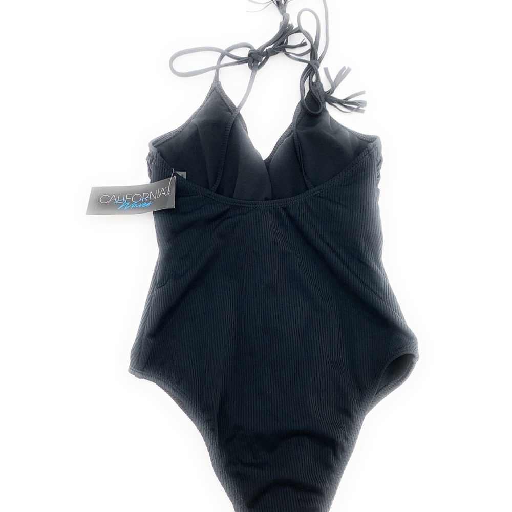 4/$25 Black Ribbed One Piece Shoulder Tie Swimsuit - Picture 3 of 6